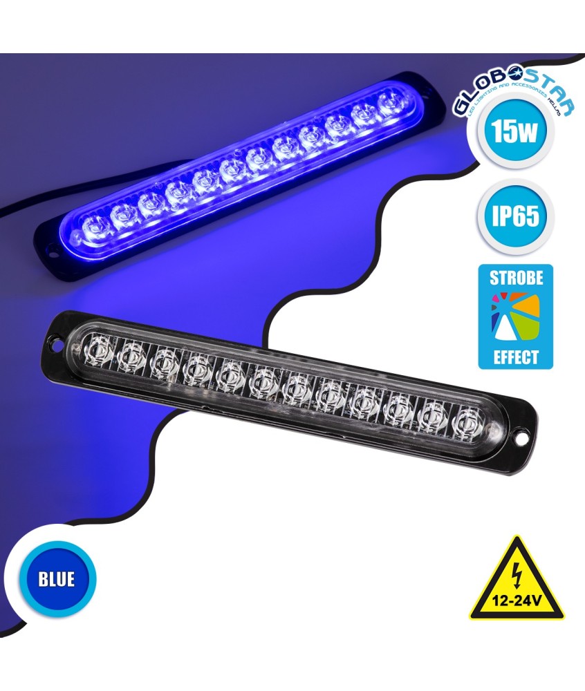 GloboStar® 85268 PRO Series Μπάρα Σήμανσης Οχήματος Αστυνομίας για Αυτοκίνητα & Φορτηγά 10 Προγραμμάτων Φωτισμού STROBE LED SMD 3030 15W DC 12-24V Αδιάβροχη IP65 Μπλε